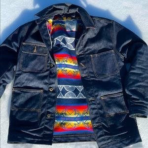 Large Ginew Heritage coat, Pedleton blanket lined selvedge Cone White Oak denim!